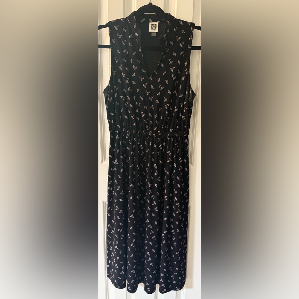Anne Klein Black Floral Midi Dress Sleeveless Elastic Waist Womens Size 4